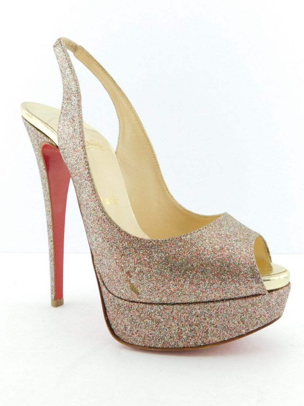 CHRISTIAN LOUBOUTIN Sparkly Champagne Glitter Peep Toe Sling Heel Lady Pumps 36